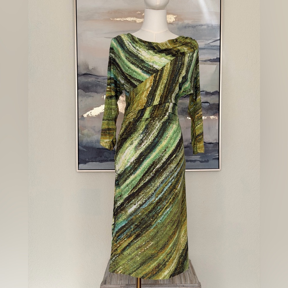 Suzi Chin for Maggy Boutique Green Abstract Draped Midi Dress-Elegant&Flatering